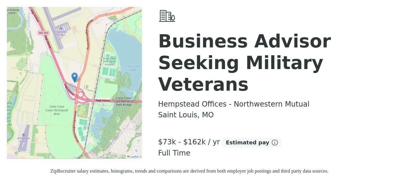 Hempstead Offices - Northwestern Mutual job posting for a Business Advisor Seeking Military Veterans in Saint Louis, MO with a salary of $73,500 to $162,900 Yearly with a map of Saint Louis location.
