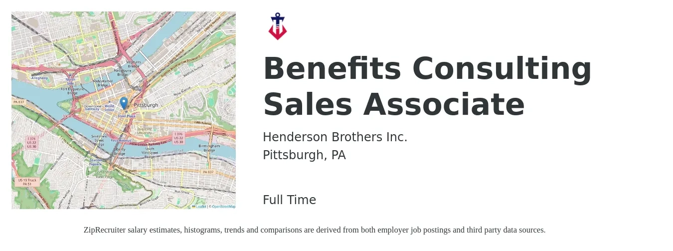 Henderson Brothers Inc. job posting for a Benefits Consulting Sales Associate in Pittsburgh, PA with a salary of $14 to $18 Hourly with a map of Pittsburgh location.