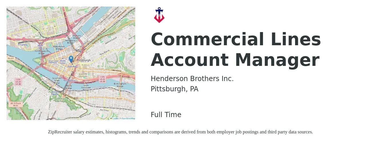 Henderson Brothers Inc. job posting for a Commercial Lines Account Manager in Pittsburgh, PA with a salary of $53,900 to $78,100 Yearly with a map of Pittsburgh location.
