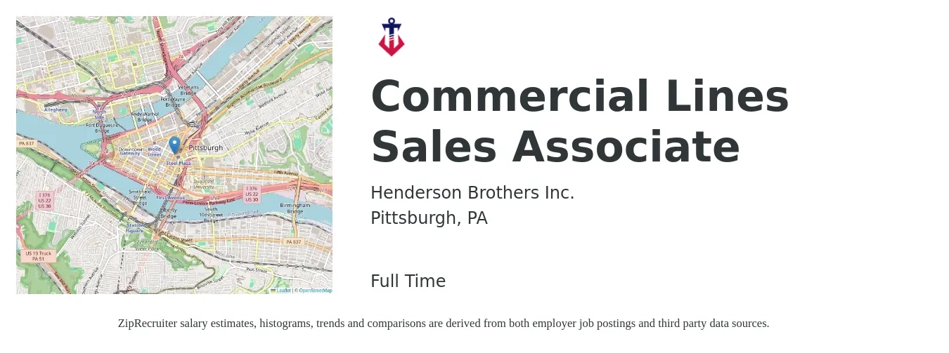 Henderson Brothers Inc. job posting for a Commercial Lines Sales Associate in Pittsburgh, PA with a salary of $14 to $18 Hourly with a map of Pittsburgh location.
