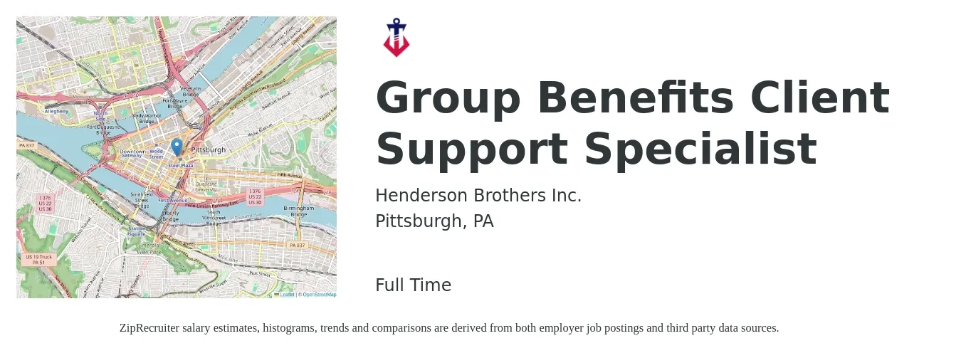 Henderson Brothers Inc. job posting for a Group Benefits Client Support Specialist in Pittsburgh, PA with a salary of $18 to $26 Hourly with a map of Pittsburgh location.