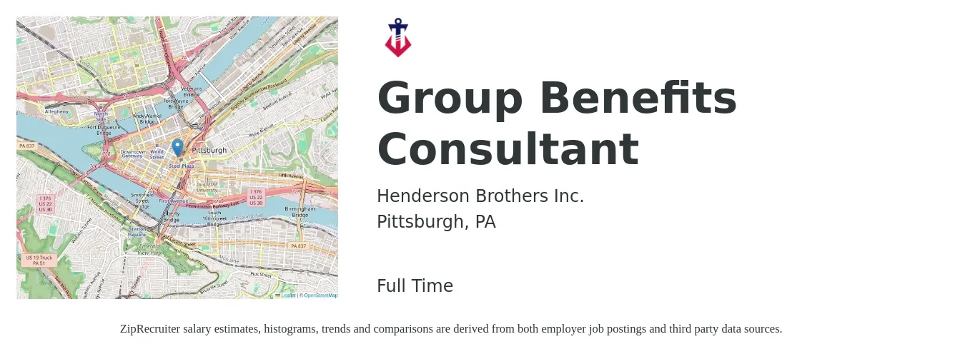 Henderson Brothers Inc. job posting for a Group Benefits Consultant in Pittsburgh, PA with a salary of $39,300 to $79,100 Yearly with a map of Pittsburgh location.