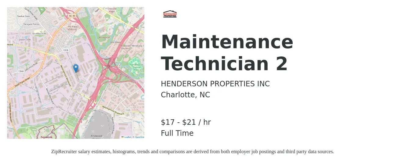 HENDERSON PROPERTIES INC job posting for a Maintenance Technician 2 in Charlotte, NC with a salary of $18 to $22 Hourly with a map of Charlotte location.