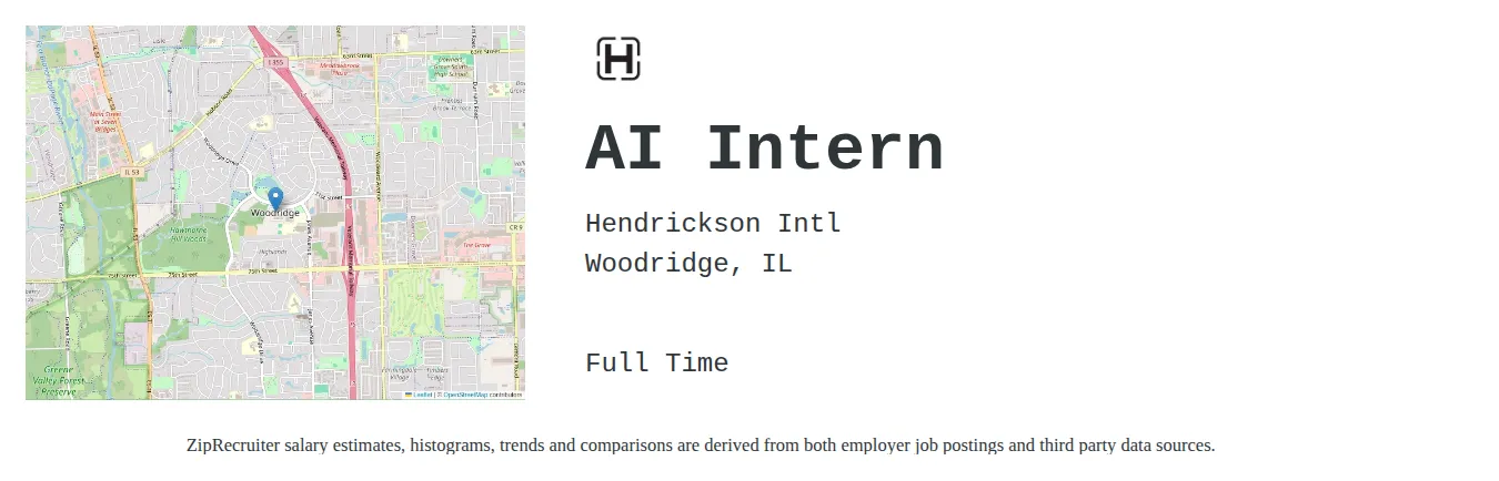 Hendrickson USA, LLC job posting for a AI Intern in Woodridge, IL with a salary of $21 to $30 Hourly with a map of Woodridge location.