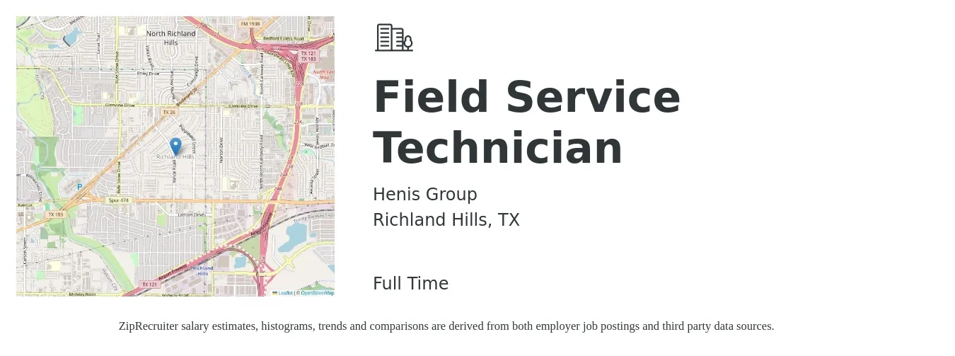 Henis Group job posting for a Field Service Technician in Richland Hills, TX with a salary of $17 to $26 Hourly with a map of Richland Hills location.