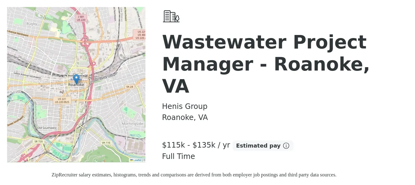 Henis Group job posting for a Wastewater Project Manager - Roanoke, VA in Roanoke, VA with a salary of $115,000 to $135,000 Yearly with a map of Roanoke location.