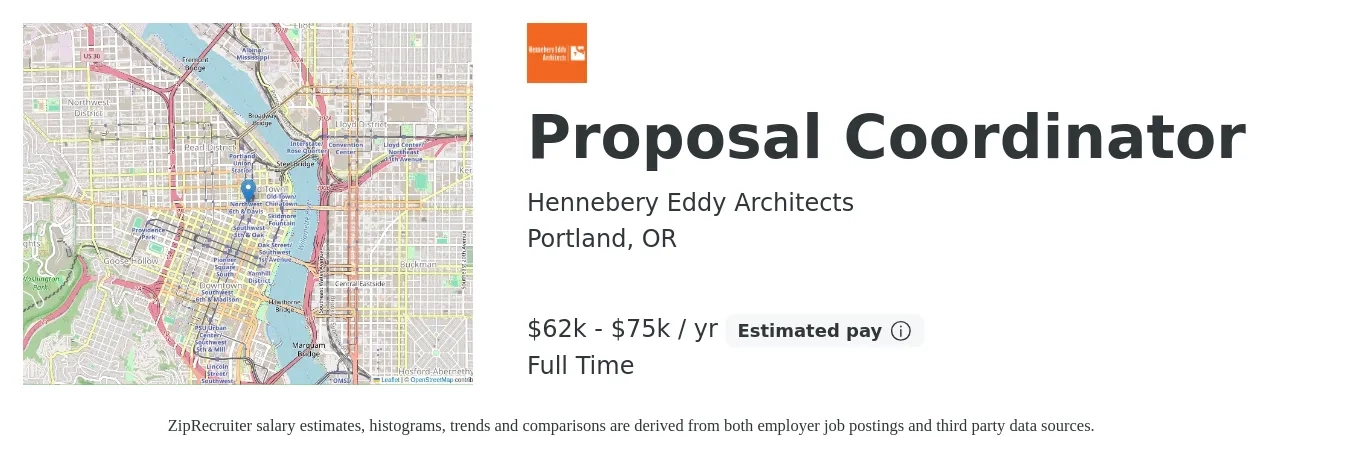 Hennebery Eddy Architects job posting for a Proposal Coordinator in Portland, OR with a salary of $62,000 to $75,000 Yearly with a map of Portland location.