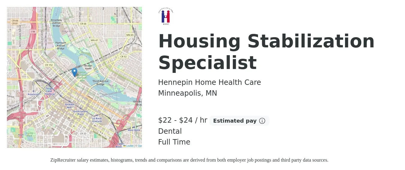 Hennepin Home Health Care job posting for a Housing Stabilization Specialist in Minneapolis, MN with a salary of $23 to $25 Hourly and benefits including dental, life_insurance, pto, and retirement with a map of Minneapolis location.