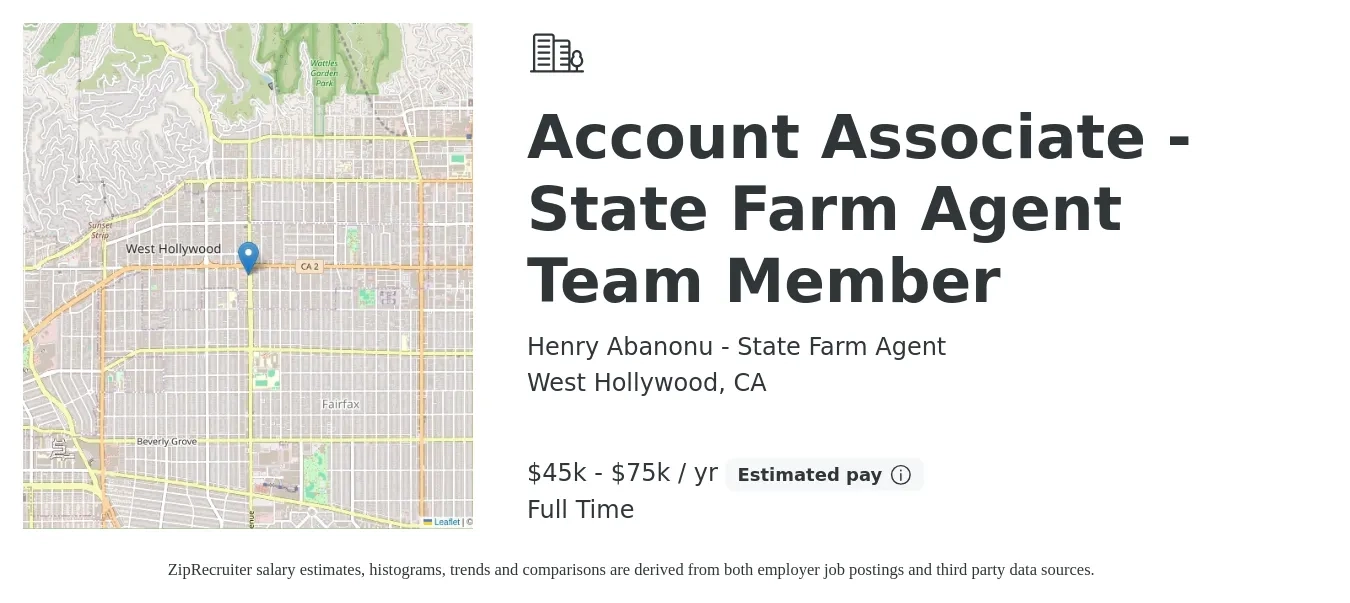 Henry Abanonu - State Farm Agent job posting for a Account Associate - State Farm Agent Team Member in West Hollywood, CA with a salary of $50,000 to $100,000 Yearly with a map of West Hollywood location.