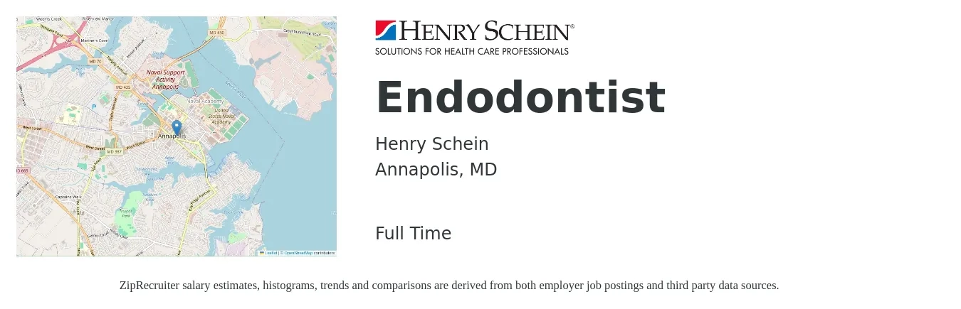 Henry Schein job posting for a Endodontist in Annapolis, MD with a salary of $99,000 to $351,900 Yearly with a map of Annapolis location.