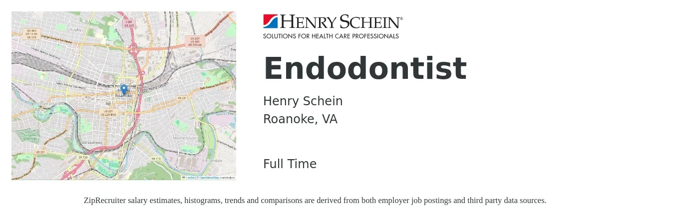 Henry Schein job posting for a Endodontist in Roanoke, VA with a salary of $87,900 to $312,300 Yearly with a map of Roanoke location.