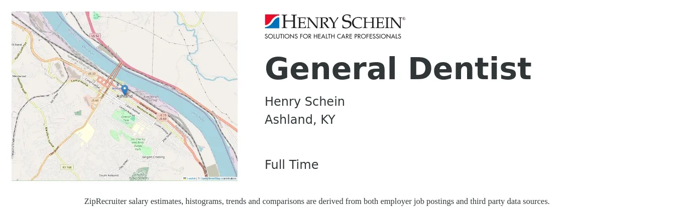 Henry Schein job posting for a General Dentist in Ashland, KY with a salary of $136,000 to $219,900 Yearly with a map of Ashland location.