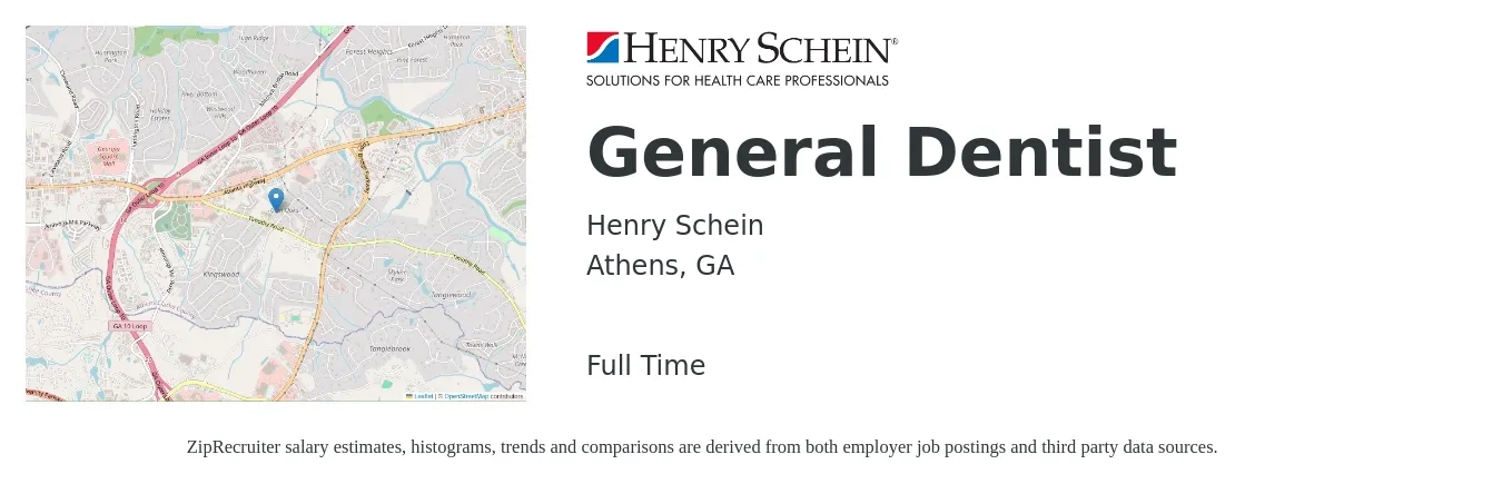 Henry Schein job posting for a General Dentist in Athens, GA with a salary of $149,700 to $241,900 Yearly with a map of Athens location.