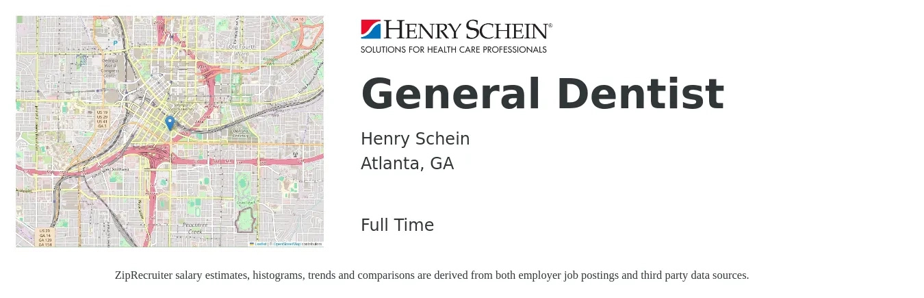 Henry Schein job posting for a General Dentist in Atlanta, GA with a salary of $149,100 to $240,900 Yearly with a map of Atlanta location.