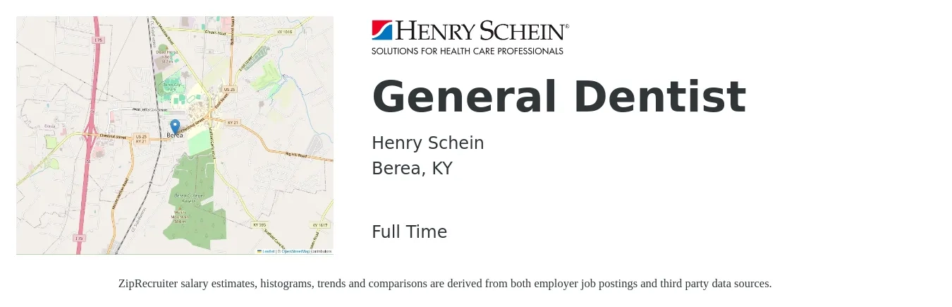 Henry Schein job posting for a General Dentist in Berea, KY with a salary of $129,500 to $209,300 Yearly with a map of Berea location.