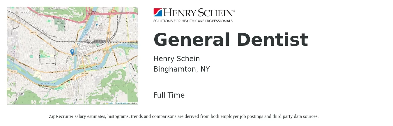 Henry Schein job posting for a General Dentist in Binghamton, NY with a salary of $148,400 to $239,900 Yearly with a map of Binghamton location.