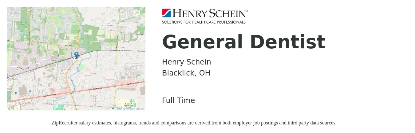 Henry Schein job posting for a General Dentist in Blacklick, OH with a salary of $149,800 to $242,100 Yearly with a map of Blacklick location.