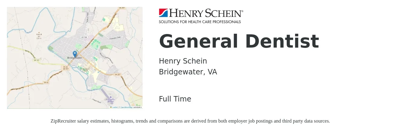 Henry Schein job posting for a General Dentist in Bridgewater, VA with a salary of $149,000 to $240,800 Yearly with a map of Bridgewater location.