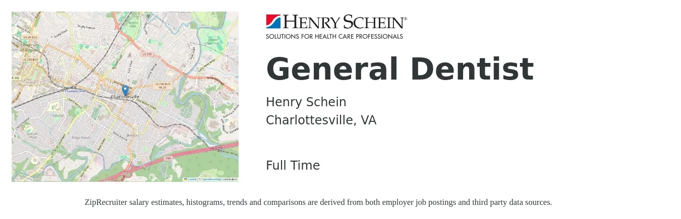 Henry Schein job posting for a General Dentist in Charlottesville, VA with a salary of $153,700 to $248,400 Yearly with a map of Charlottesville location.