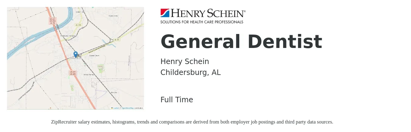 Henry Schein job posting for a General Dentist in Childersburg, AL with a salary of $147,400 to $238,200 Yearly with a map of Childersburg location.