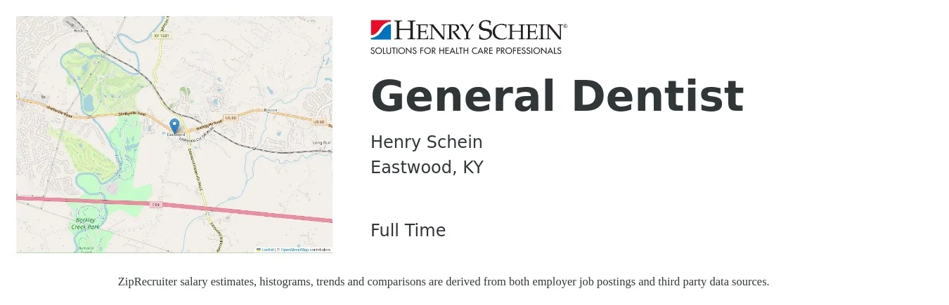 Henry Schein job posting for a General Dentist in Eastwood, KY with a salary of $154,000 to $249,000 Yearly with a map of Eastwood location.
