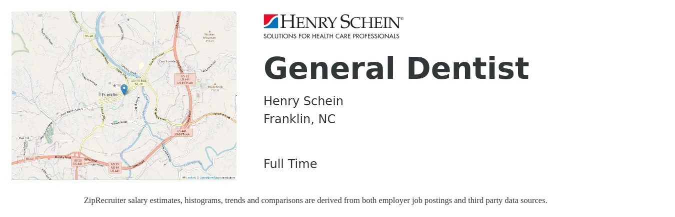 Henry Schein job posting for a General Dentist in Franklin, NC with a salary of $134,900 to $218,000 Yearly with a map of Franklin location.