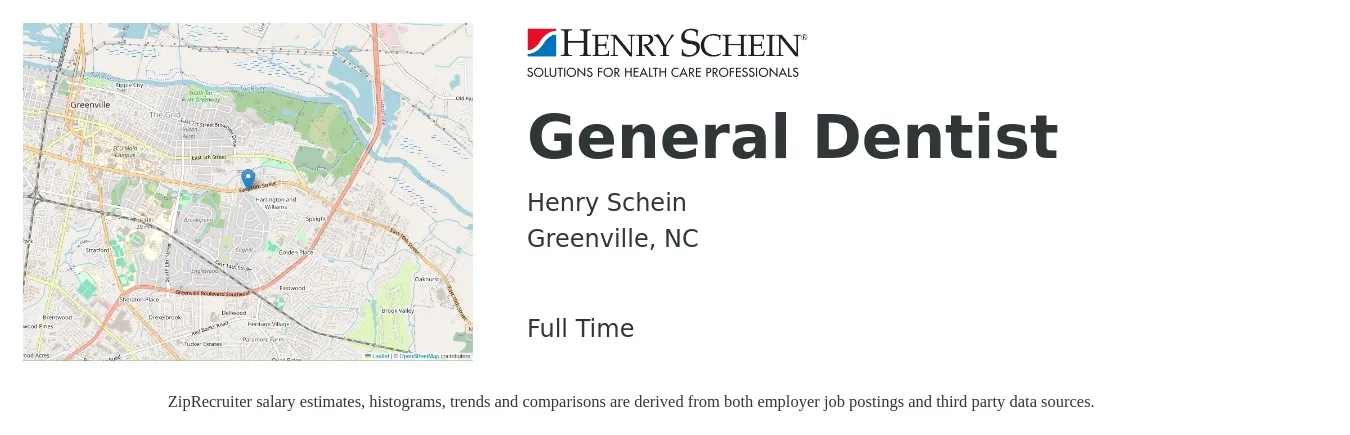 Henry Schein job posting for a General Dentist in Greenville, NC with a salary of $138,600 to $224,000 Yearly with a map of Greenville location.