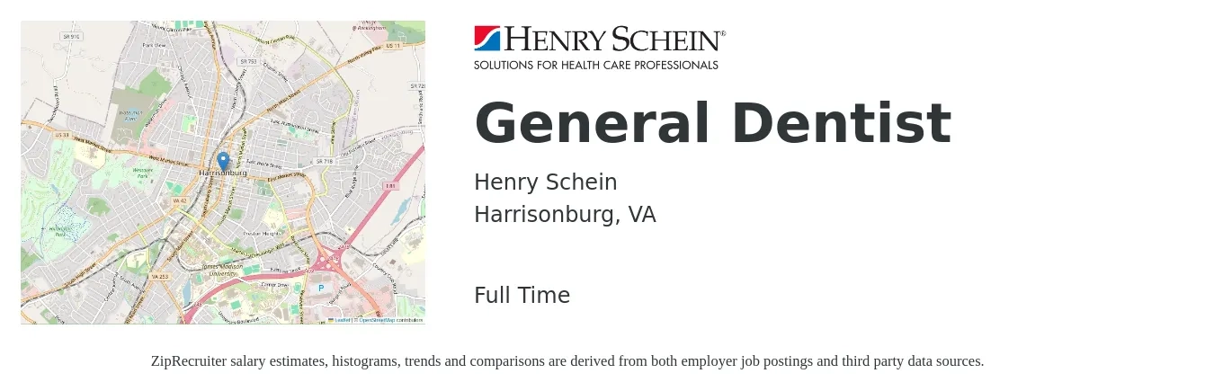 Henry Schein job posting for a General Dentist in Harrisonburg, VA with a salary of $144,500 to $233,500 Yearly with a map of Harrisonburg location.