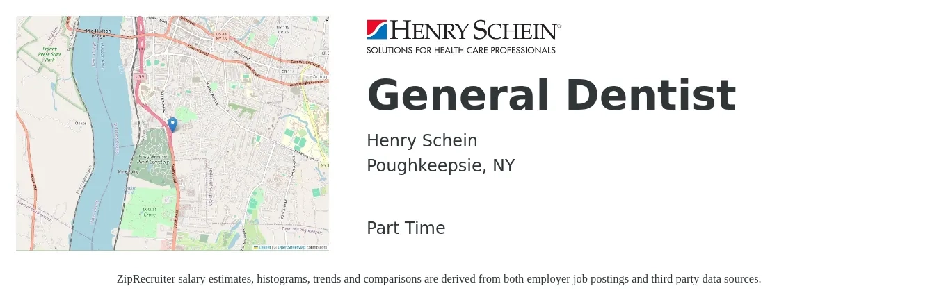 Henry Schein job posting for a General Dentist in Poughkeepsie, NY with a salary of $152,800 to $246,900 Yearly with a map of Poughkeepsie location.