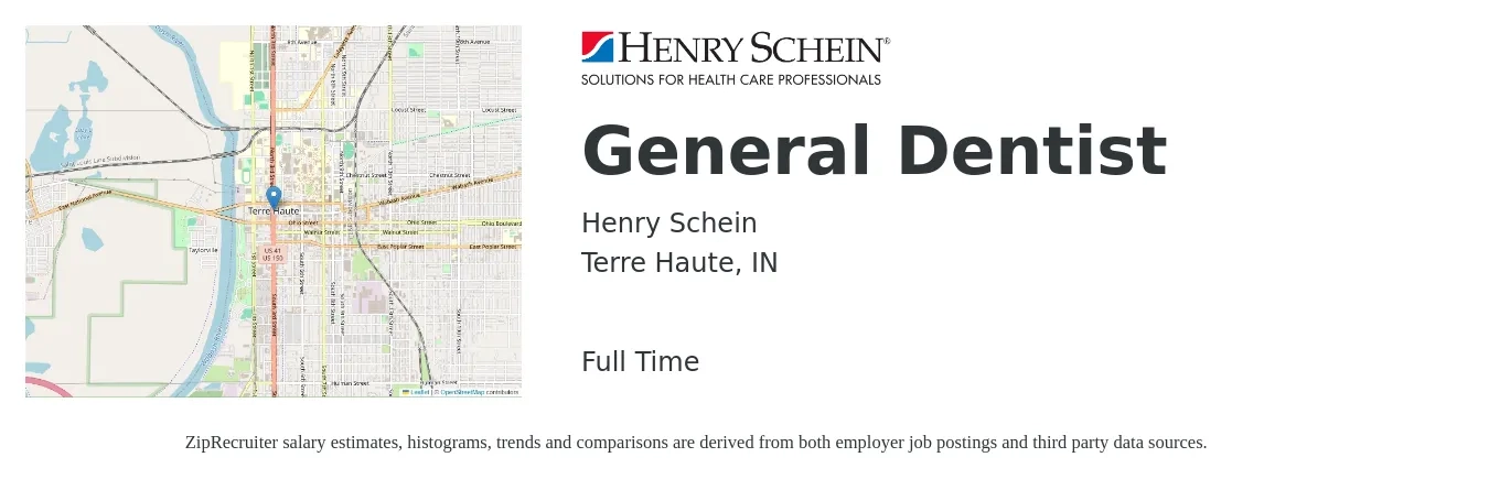 Henry Schein job posting for a General Dentist in Terre Haute, IN with a salary of $147,000 to $237,500 Yearly with a map of Terre Haute location.