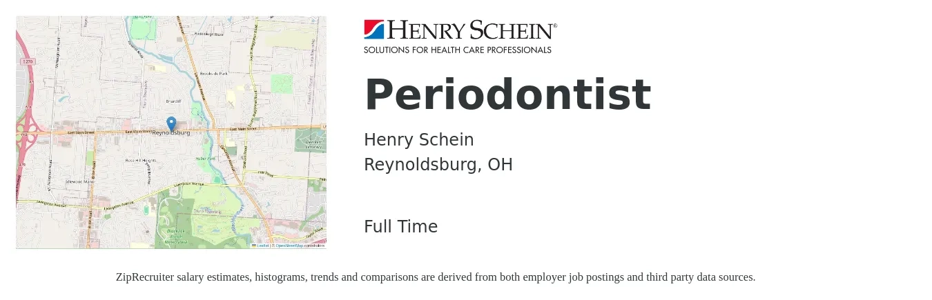 Henry Schein job posting for a Periodontist in Reynoldsburg, OH with a salary of $80,500 to $309,700 Yearly with a map of Reynoldsburg location.
