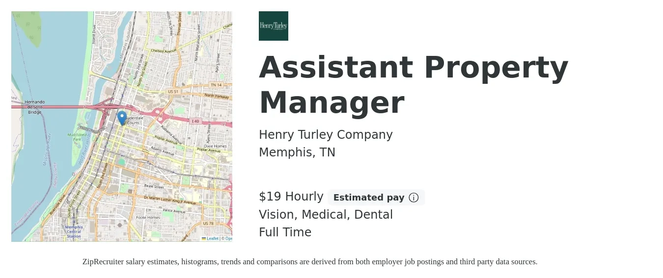 Henry Turley Company job posting for a Assistant Property Manager in Memphis, TN with a salary of $20 Hourly (plus commission) and benefits including medical, pto, retirement, vision, dental, and life_insurance with a map of Memphis location.