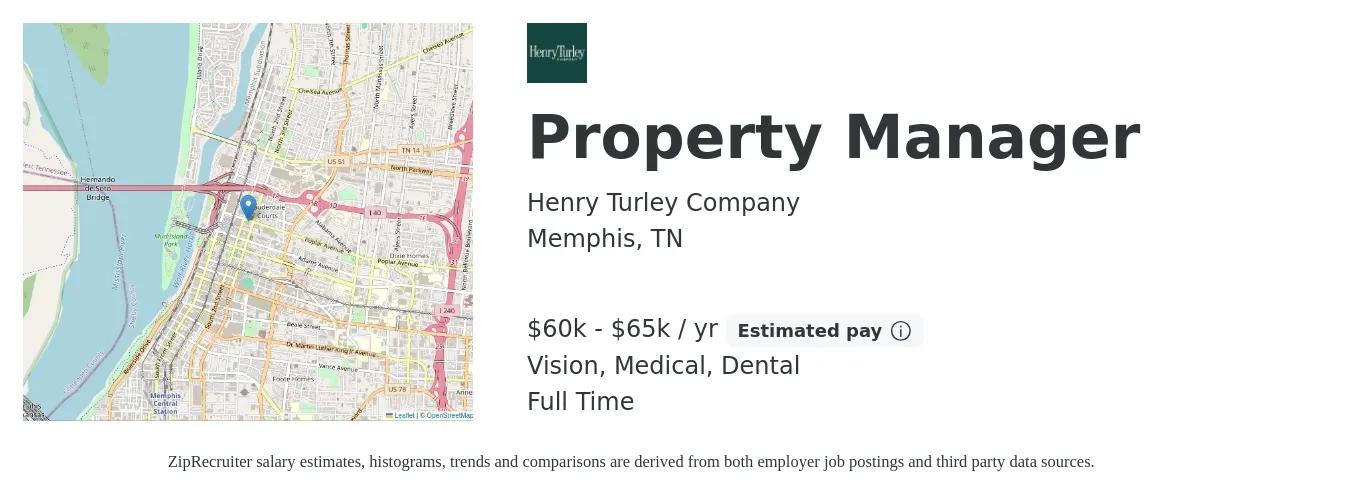 Henry Turley Company job posting for a Property Manager in Memphis, TN with a salary of $60,000 to $65,000 Yearly and benefits including pto, retirement, vision, dental, life_insurance, and medical with a map of Memphis location.