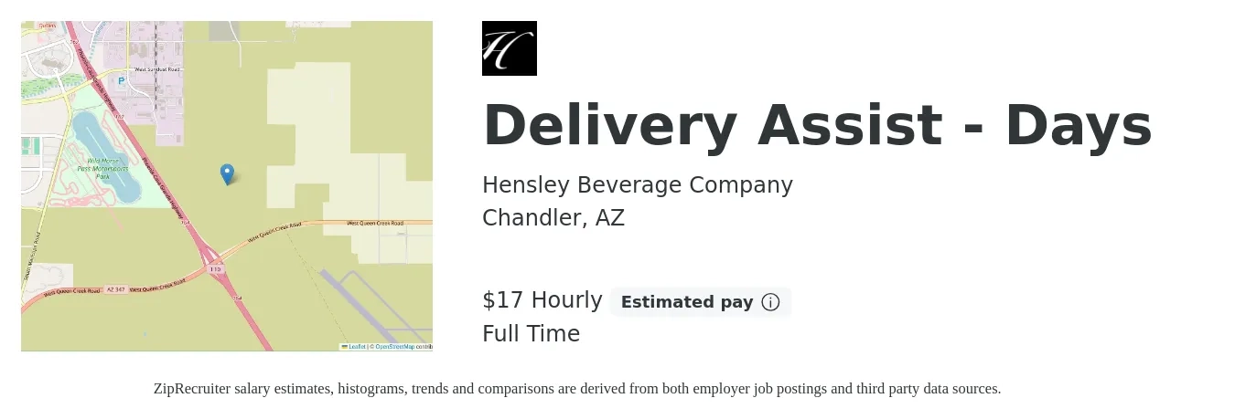Hensley Beverage Company job posting for a Delivery Assist - Days in Chandler, AZ with a salary of $18 Hourly with a map of Chandler location.
