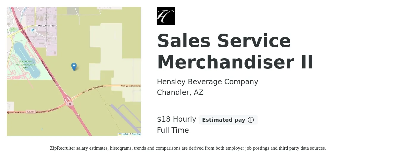 Hensley Beverage Company job posting for a Sales Service Merchandiser II in Chandler, AZ with a salary of $19 Hourly with a map of Chandler location.