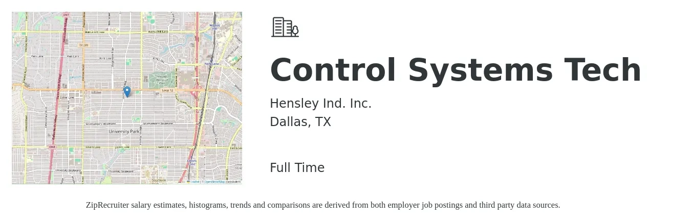 Hensley Ind. Inc. job posting for a Control Systems Tech in Dallas, TX with a salary of $18 to $31 Hourly with a map of Dallas location.