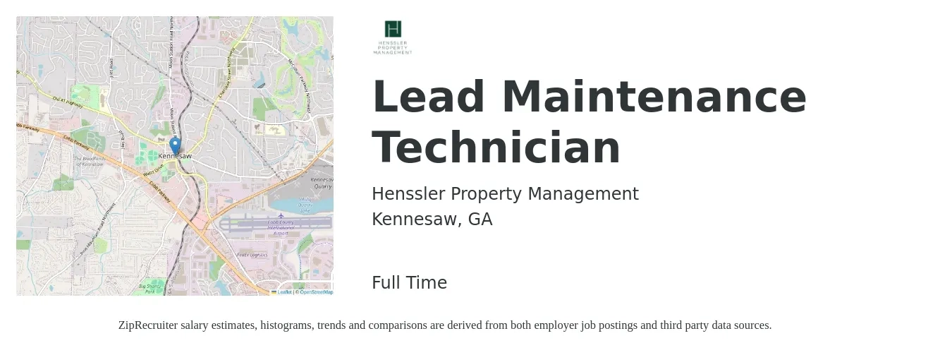 Henssler Property Management job posting for a Lead Maintenance Technician in Kennesaw, GA with a salary of $21 to $29 Hourly with a map of Kennesaw location.
