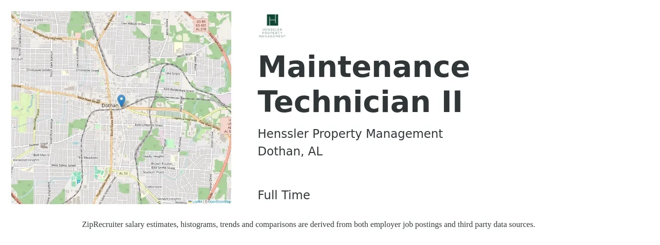 Henssler Property Management job posting for a Maintenance Technician II in Dothan, AL with a salary of $18 to $24 Hourly with a map of Dothan location.