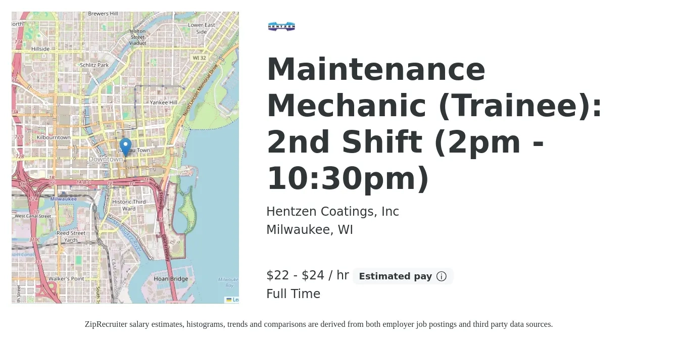 Hentzen Coatings, Inc job posting for a Maintenance Mechanic (Trainee): 2nd Shift (2pm - 10:30pm) in Milwaukee, WI with a salary of $23 to $25 Hourly with a map of Milwaukee location.