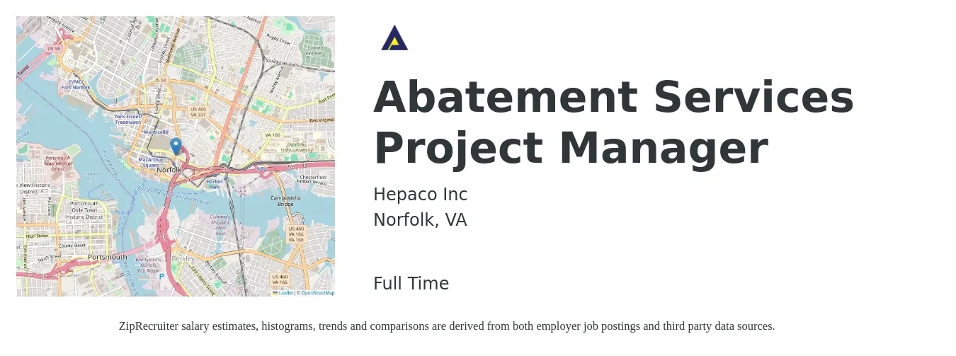 Hepaco Inc job posting for a Abatement Services Project Manager in Norfolk, VA with a salary of $58,100 to $106,500 Yearly with a map of Norfolk location.