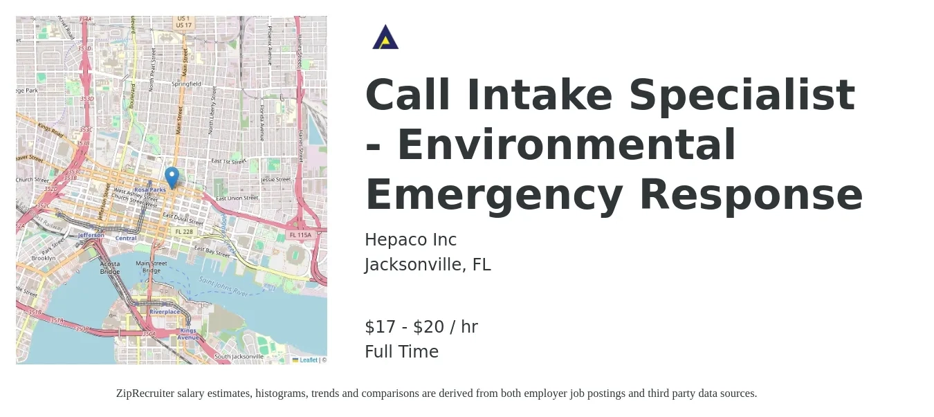 Hepaco Inc job posting for a Call Intake Specialist - Environmental Emergency Response in Jacksonville, FL with a salary of $18 to $21 Hourly with a map of Jacksonville location.