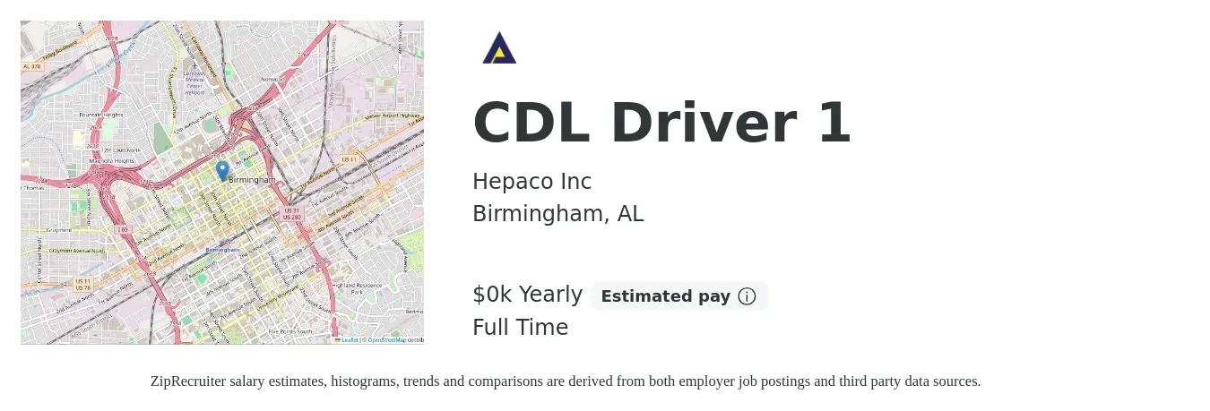 Hepaco Inc job posting for a CDL Driver 1 in Birmingham, AL with a salary of $22 to $26 Yearly with a map of Birmingham location.