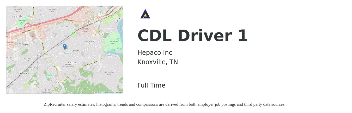 Hepaco Inc job posting for a CDL Driver 1 in Knoxville, TN with a salary of $25 to $28 Hourly with a map of Knoxville location.