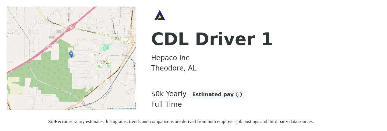 Hepaco Inc job posting for a CDL Driver 1 in Theodore, AL with a salary of $22 to $26 Yearly with a map of Theodore location.