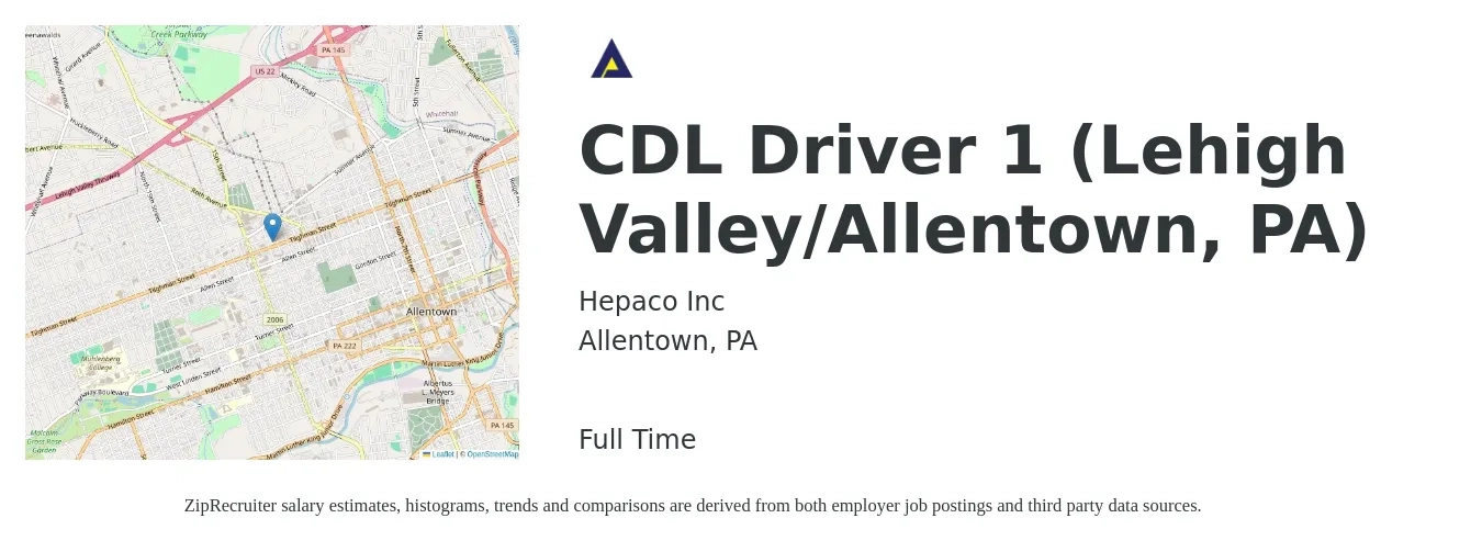 Hepaco Inc job posting for a CDL Driver 1 (Lehigh Valley/Allentown, PA) in Allentown, PA with a salary of $25 to $42 Hourly with a map of Allentown location.