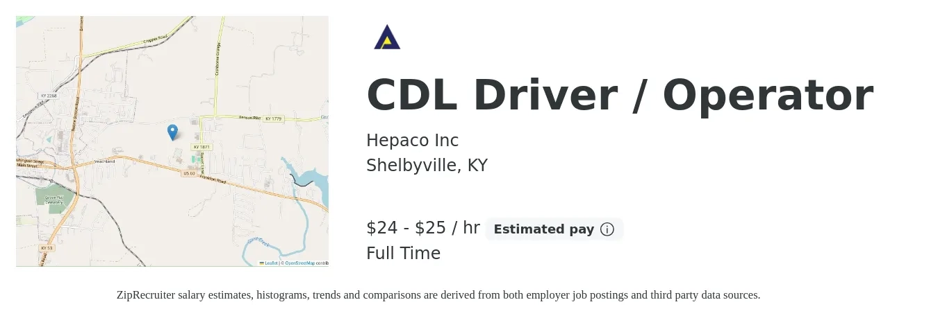 Hepaco Inc job posting for a CDL Driver / Operator in Shelbyville, KY with a salary of $25 to $26 Hourly with a map of Shelbyville location.