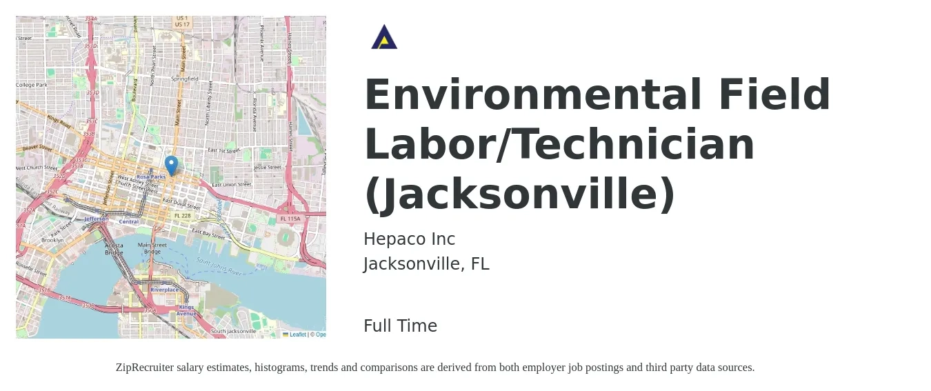 Hepaco Inc job posting for a Environmental Field Labor/Technician (Jacksonville) in Jacksonville, FL with a salary of $18 to $23 Hourly with a map of Jacksonville location.