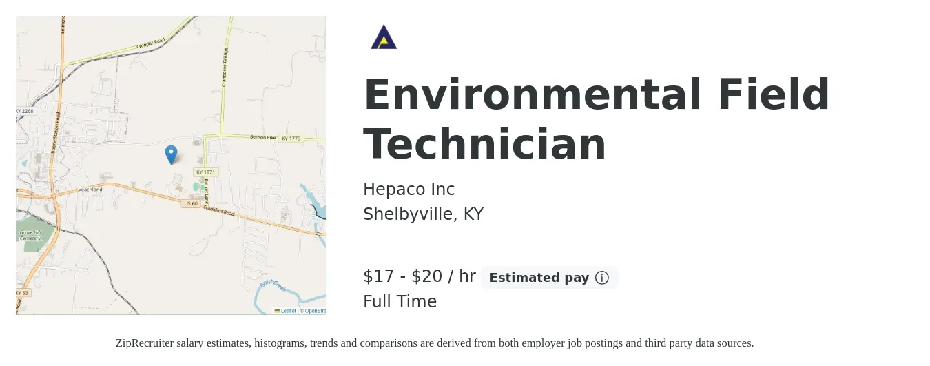 Hepaco Inc job posting for a Environmental Field Technician in Shelbyville, KY with a salary of $18 to $21 Hourly with a map of Shelbyville location.
