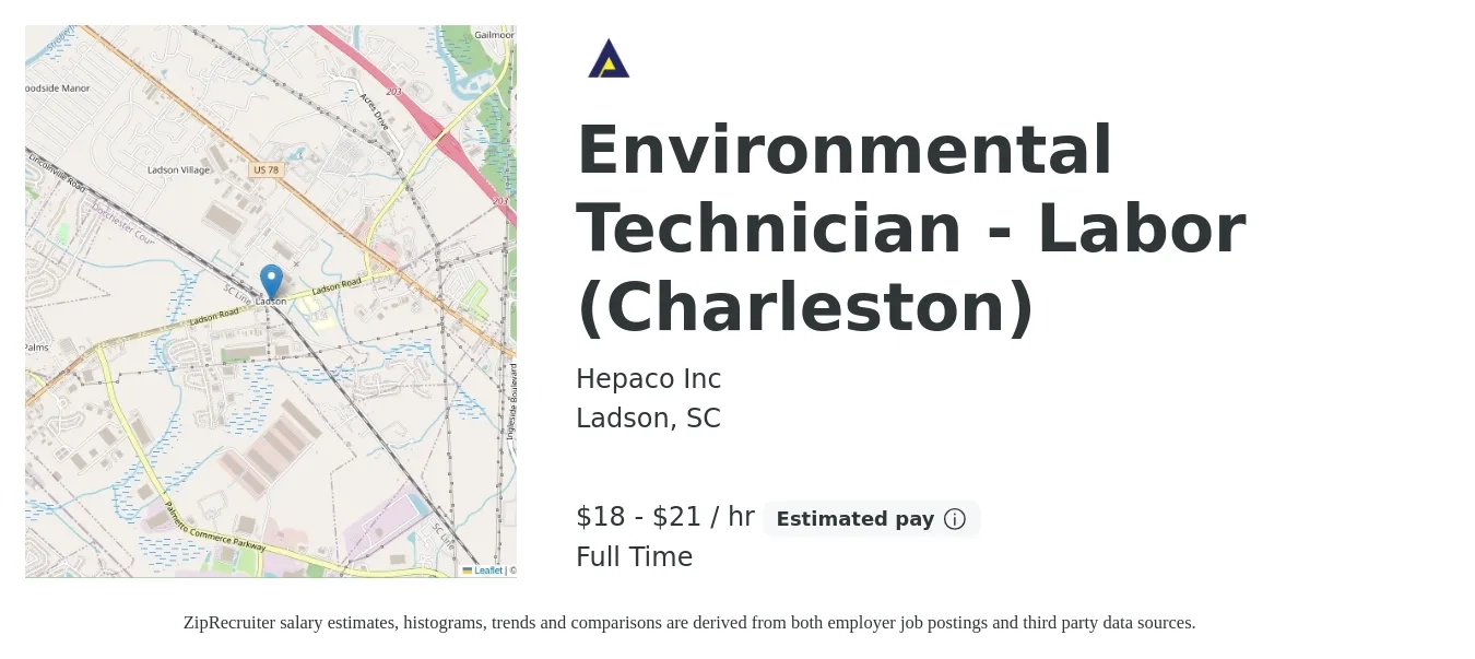 Hepaco Inc job posting for a Environmental Technician - Labor (Charleston) in Ladson, SC with a salary of $19 to $22 Hourly with a map of Ladson location.