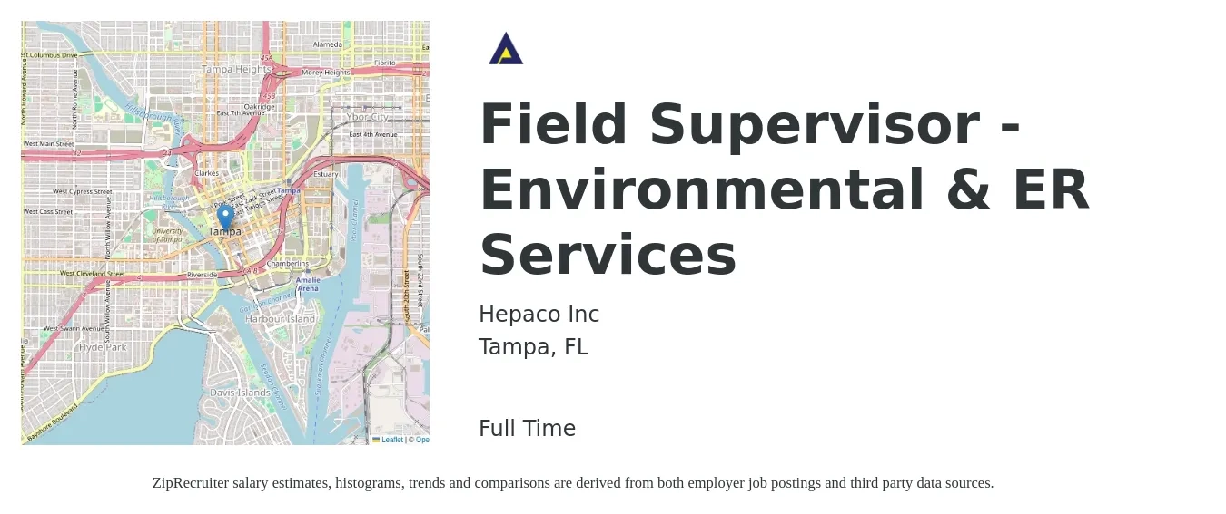 Hepaco Inc job posting for a Field Supervisor - Environmental & ER Services in Tampa, FL with a salary of $18 to $24 Hourly with a map of Tampa location.